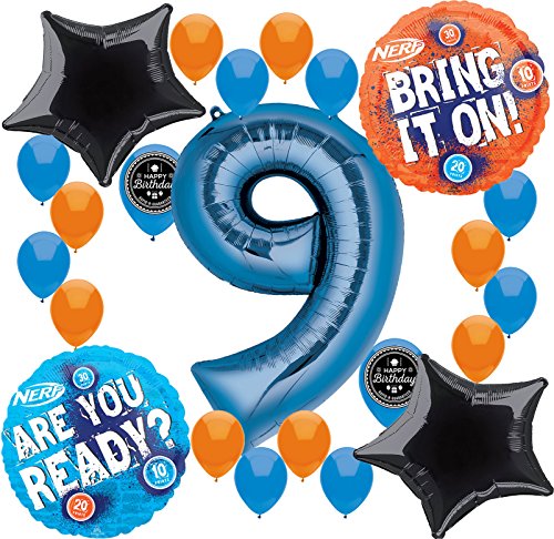 Combined Brands Nerf Party Supplies Birthday Balloon Decorations Bundle for (9th Birthday)