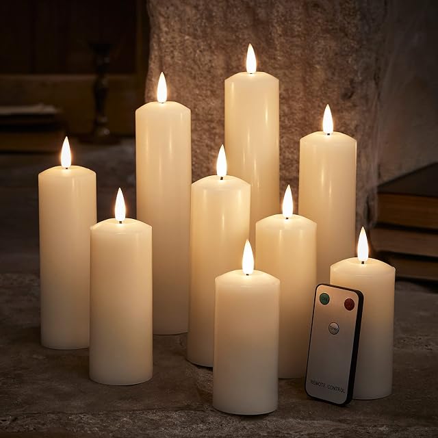 Lights4fun Set of 9 Ivory TruGlow® Battery LED Flameless Pillar Candles Real Wax Remote & Timer
