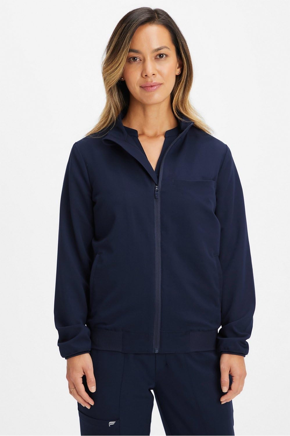 Fabletics Women's Daily 3-Pocket Scrub Jacket - MotionTech, Lightweight, Breathable, Wrinkle-Resist, Semi-Slim Fit, L, Navy