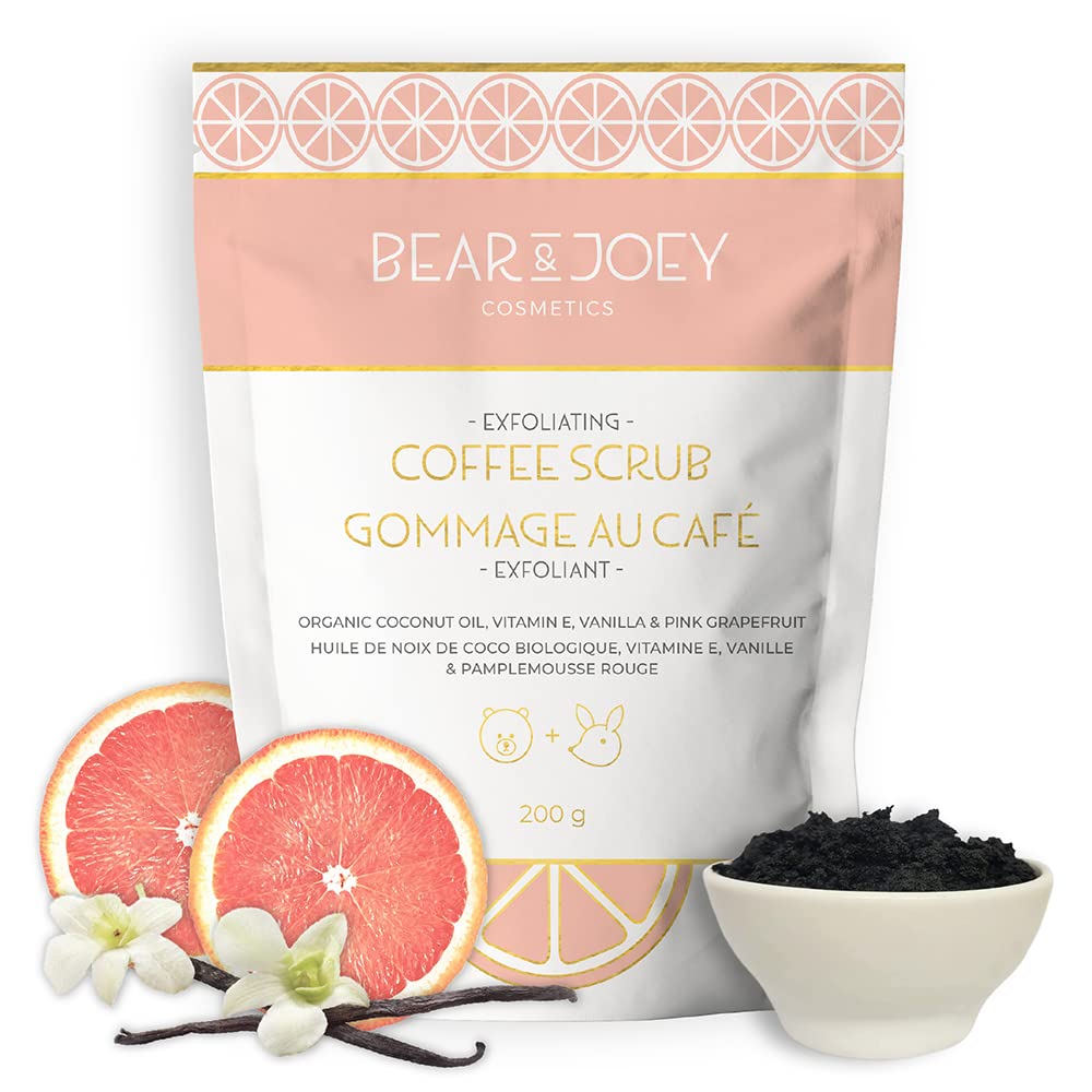 Exfoliating Coffee Scrub by Bear & Joey Cosmetics, Exfoliating Body Scrub for Smooth Skin and Reduced Cellulite Appearance, cruelty free exfoliating scrub (Vanilla & Pink Grapefruit Scent) Exfoliating Coffee Scrub by Bear & Joey Cosmetics, Exfoliating Body Scrub for Smooth Skin and Reduced Cellulite Appearance, cruelty free exfoliating scrub (Vanilla & Pink Grapefruit Scent)