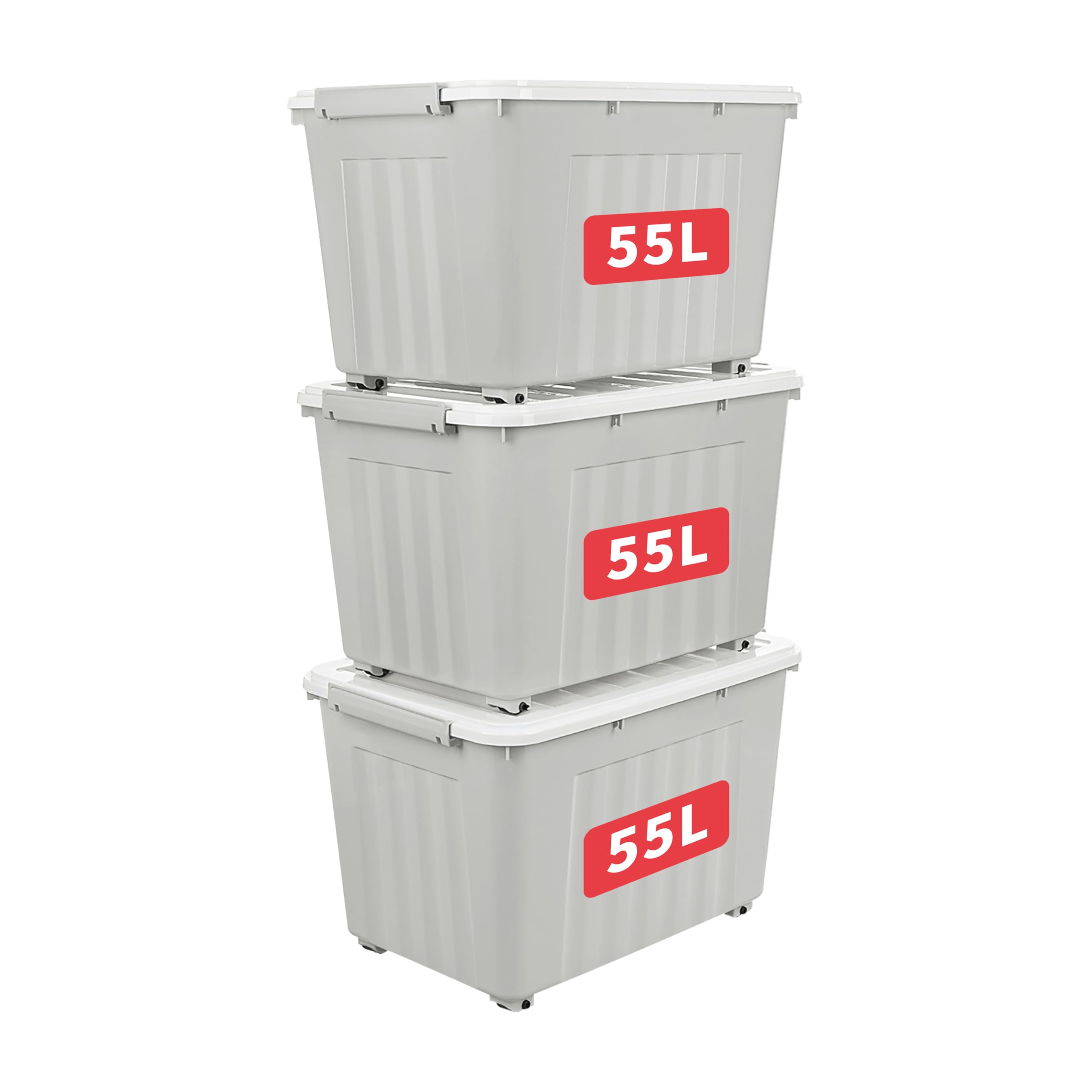 Cetomo 55L*3 Storage Boxes with Lids, Plastic Storage Box with Wheels and Secure Side Latches, Stackable & Nestable Organizer for Home, Office, Moving, PP, Gray, 55L-3 Pack