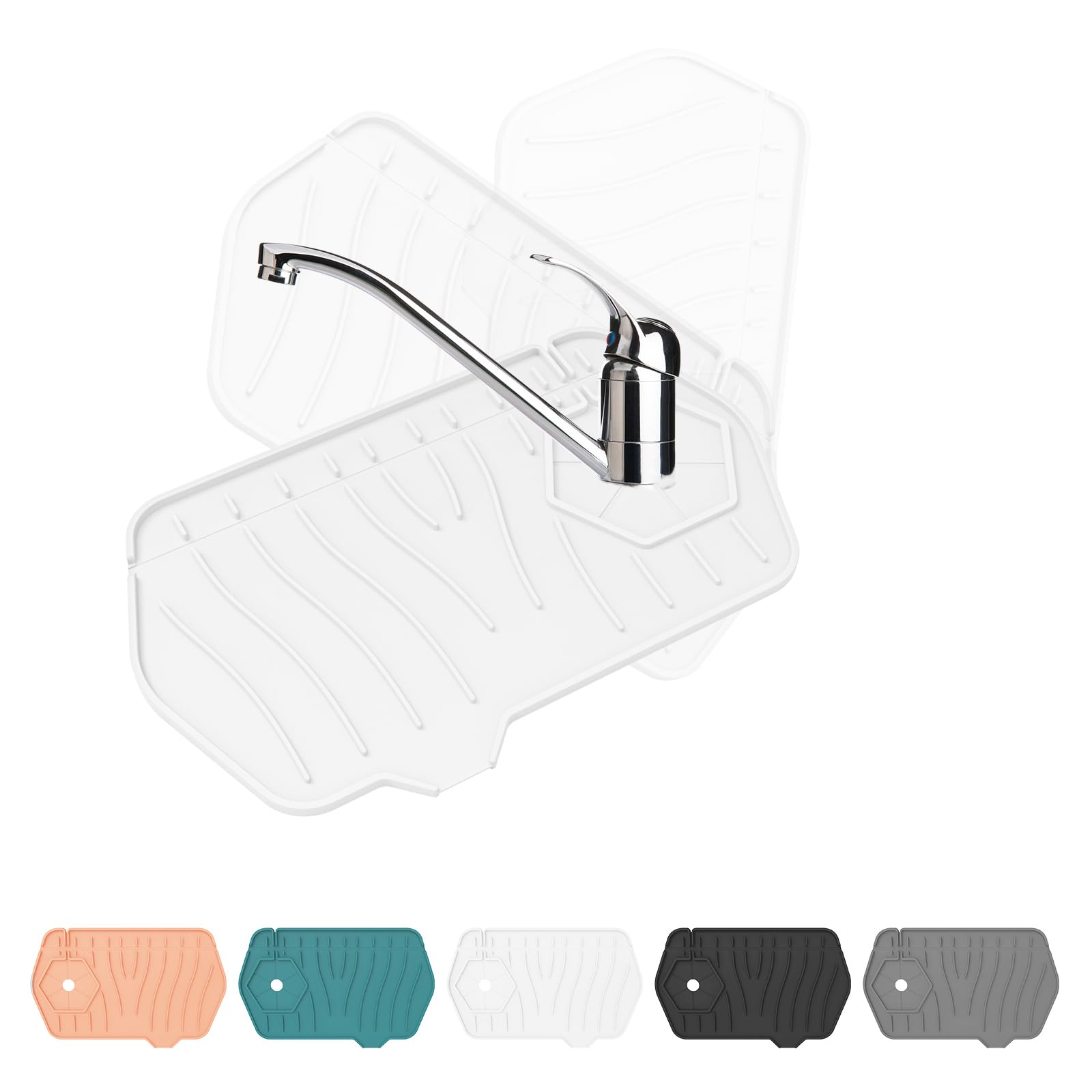 Sink Drain Mat - Unilateral Faucet Guard with 2 Drain Ports, Foldable for Kitchen & Bathroom (White)