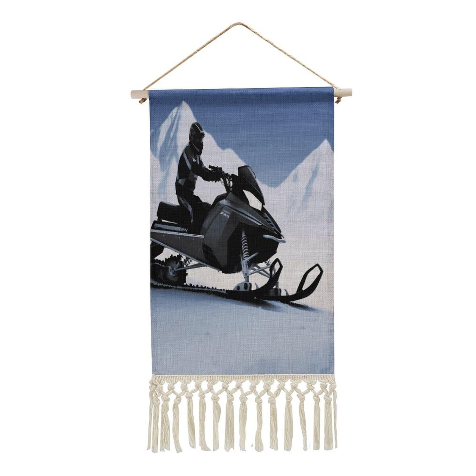 VstaDank Snowmobile Wall Art Decor with Tassels 20"x10" Cotton Linen Hanging Tapestry Decor Wall Art Prints Wood Frame Boho Wall Art Poster for Bedroom Living Room Office