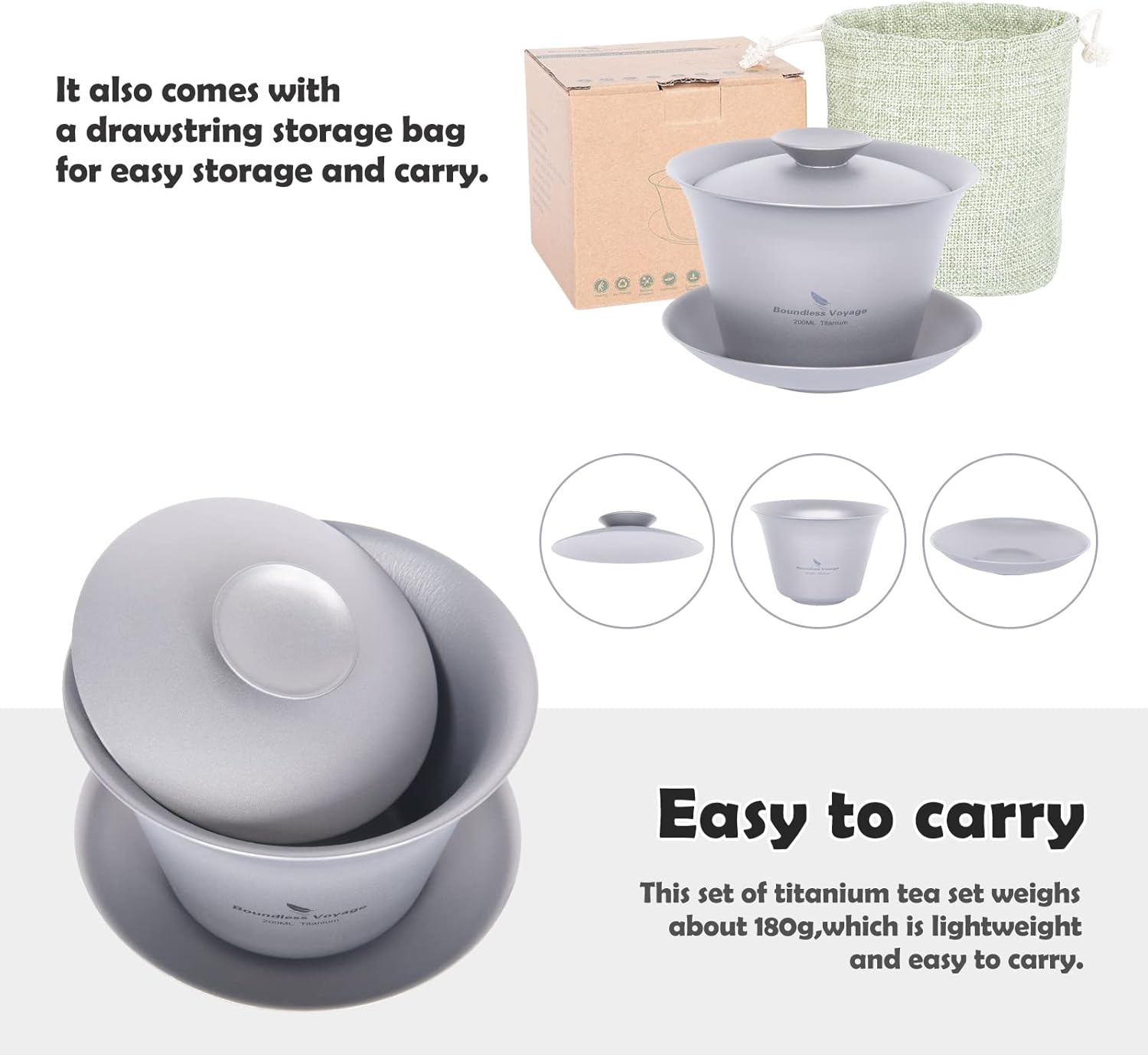 iBasingo 200ML Titanium Gaiwan Kung Fu Teacup with Lid and Saucer Set Lightweight Portable Chinese Traditional Gaiwan Tea Bowl with Cover 3 35ml Teacups Outdoor Camping Tea Set Ti3124D