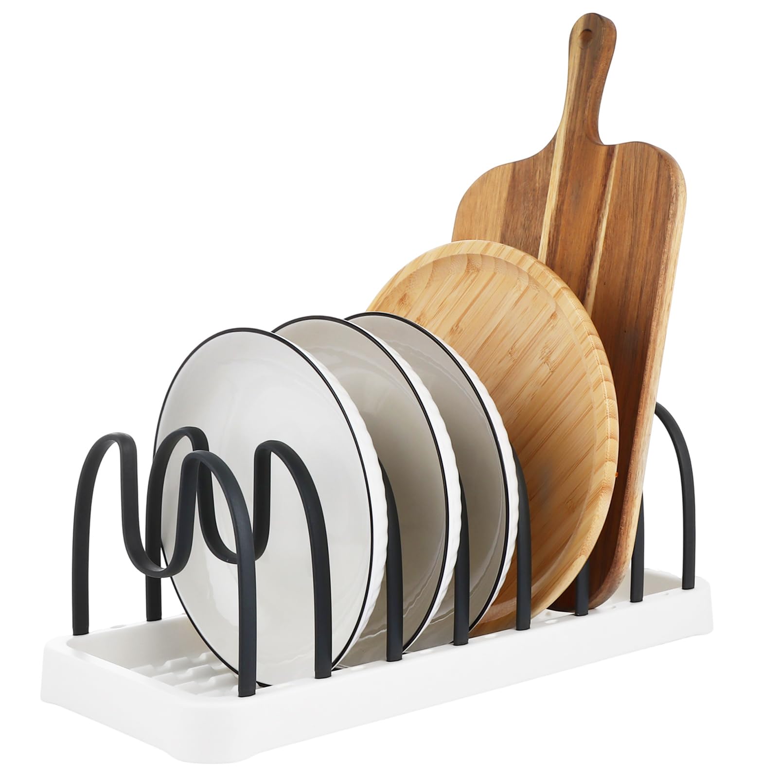 ASelected Dark Grey Pan Organiser, 41 x 16 x 15 cm Pot Lid Organiser with 8 Wire Racks, Plastic Pan Lid Holder with Tray for Vertical Organisation, Pot Organiser for Chopping Boards, Kitchen, Lids