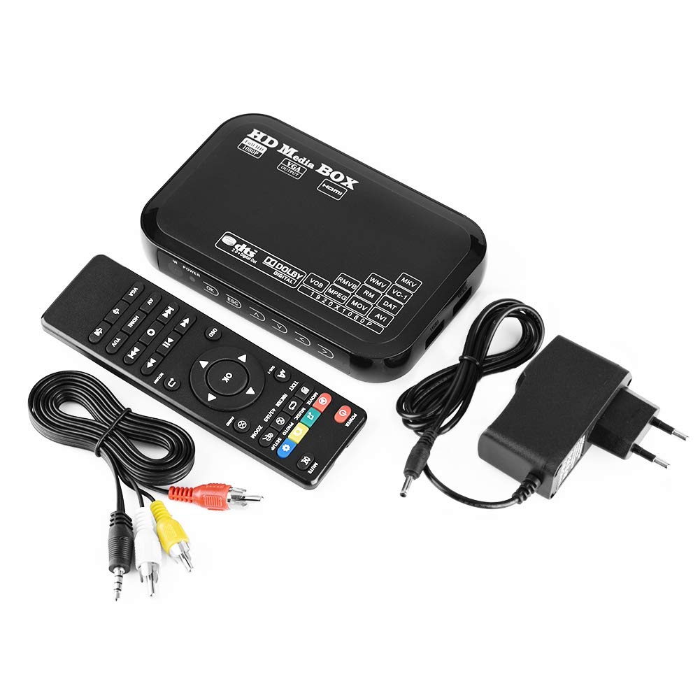 Mini Lettore Multimediale Full HD 1080P Full HD Lettore Multimediale Media Player Digitale Multimediale TV con Telecomando per USB Drive/External Hard Drive 2.5TB / Scheda SD(Black)