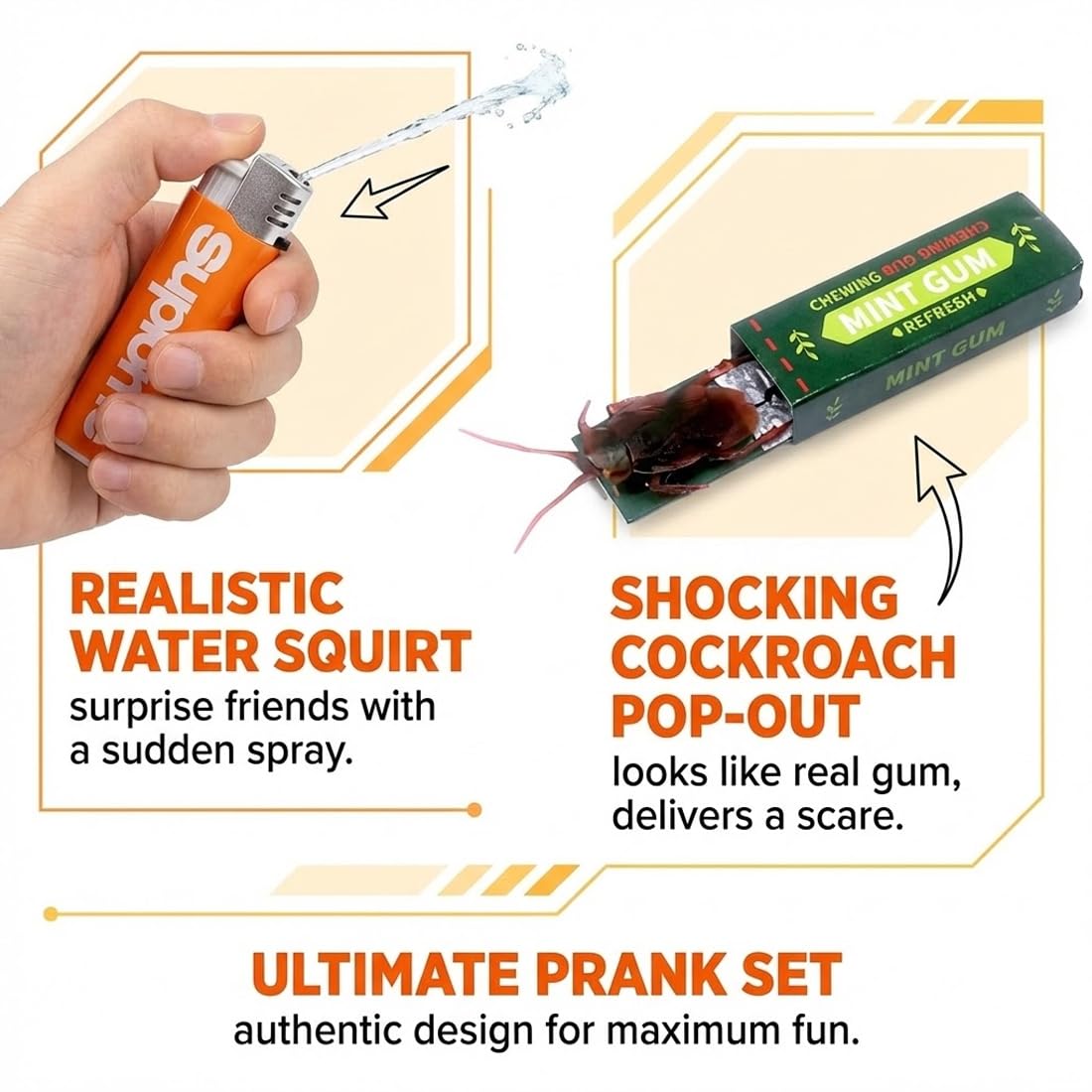 3 Pezzi Set di scherzi, Accendino a Pistola ad Acqua And Gomma da Masticare scherzosa, Giocattolo di Scherzo, Pistola a Spruzzo ad Acqua, Scherzi Divertenti, Piccoli Giocattoli