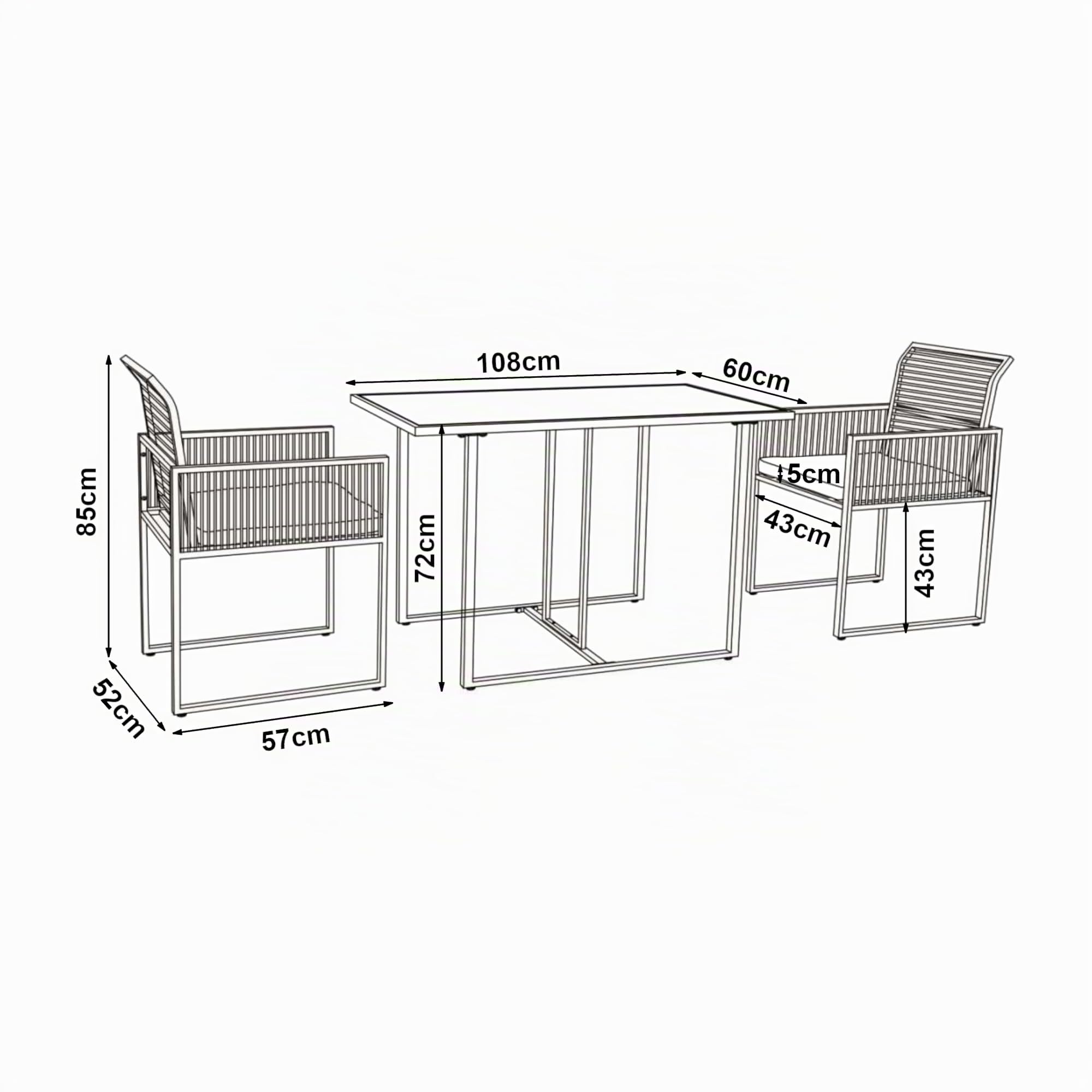casa.pro Gartenmöbelset Accadia 3-TLG. Garten Essgruppe Gartentisch mit 2 Stühlen mit Kissen Sitzgarnitur Outdoor Glastisch Metall Balkonmöbel Set wetterfest Schwarz/Braun
