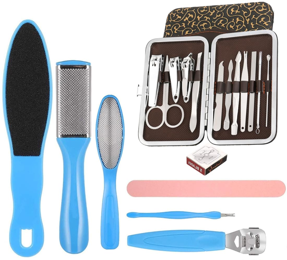 Pedicure Kits - Callus Remover for Feet, 20 in 1 Professional Manicure Set Pedicure Tools Stainless Steel Foot Care, Foot File Foot Rasp Dead Skin for Women Men Home Foot Spa Kit, Blue, SILVER BIG