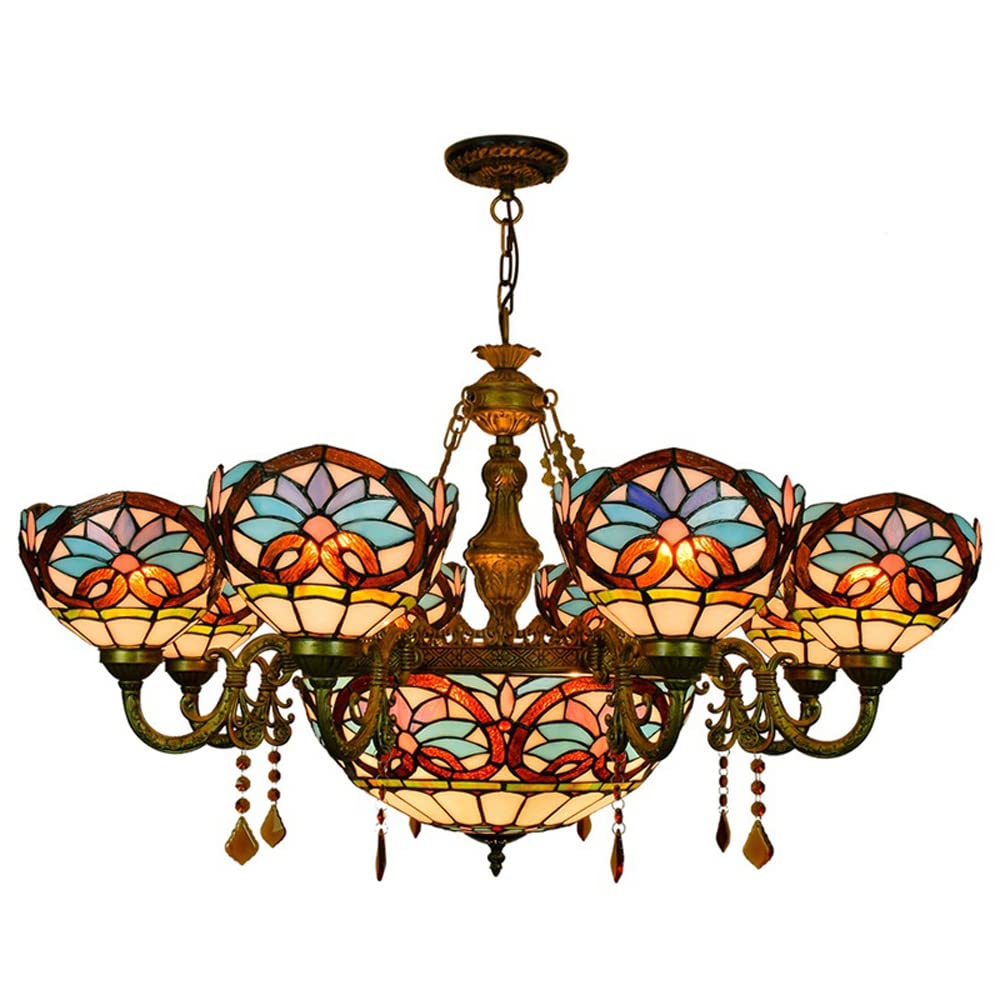 FYZDLAOR 8+1-Light Chandelier,with Baroque Vintage Lampshade Pendant Light Light Fixtures,Tiffanystyle Stained Glass Hanging Light Wide 36 Inch with Crystal Pendant