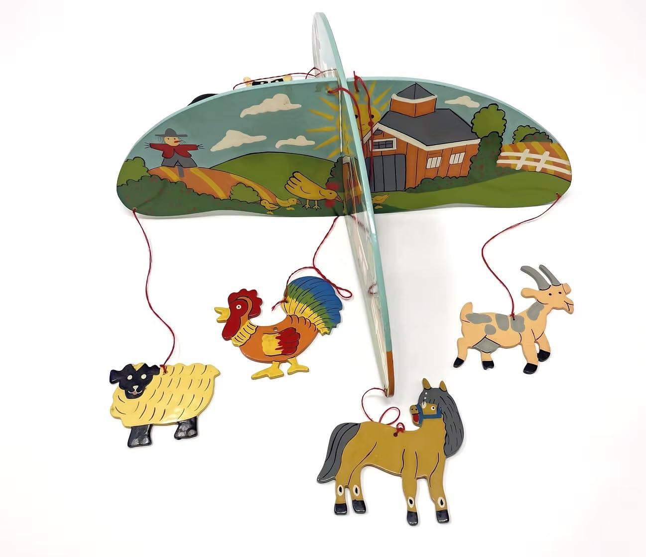 Kiddos and More Cot Mobile - Farm Animals Colorful Handcrafted Painted Wooden Non-Toxic Hanging Nursery Decoration for Cradle, Crib, Gender-Neutral New-born, Infant, Baby - Cot mobile arm not included