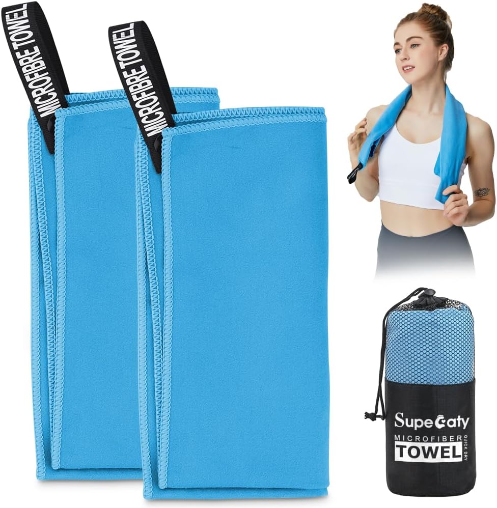 2 Pack Quick Drying Gym Towel 40 x 80CM Soft Microfiber Lightweight Sport Sweat Towel Perfect Travel Camping Towel Super Absorbent Ultra Compact for Gym Sport Yoga Backpacking Beach Swimming, Blue