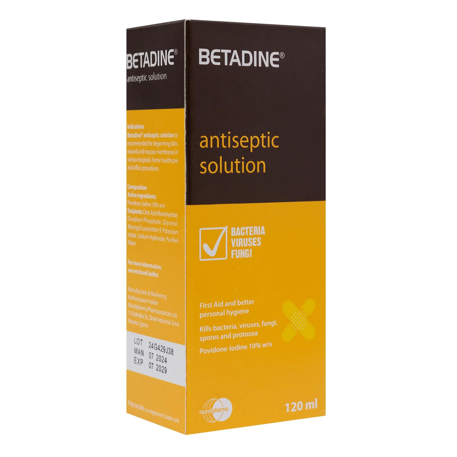Betadine Antiseptic Solution 120ml, Povidone-Iodine Antiseptic Liquid for Cleansing Minor Cuts, Grazes, Burns & Skin, Home & Family First-Aid Bottle - Use as Directed