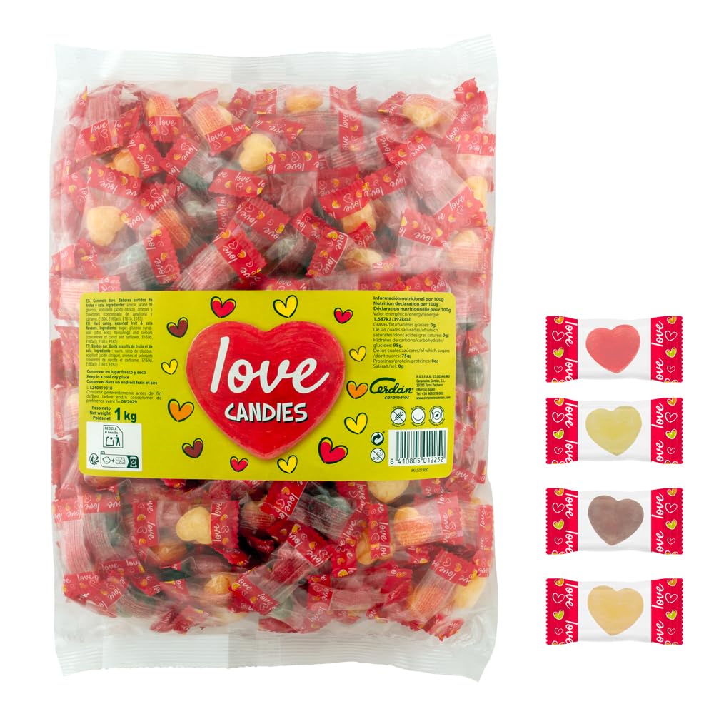 Caramelos Cerdán Caramelos con Forma de Corazón Love 333 Uds Bolsa 1Kg Sabores Surtidos Sin Gluten