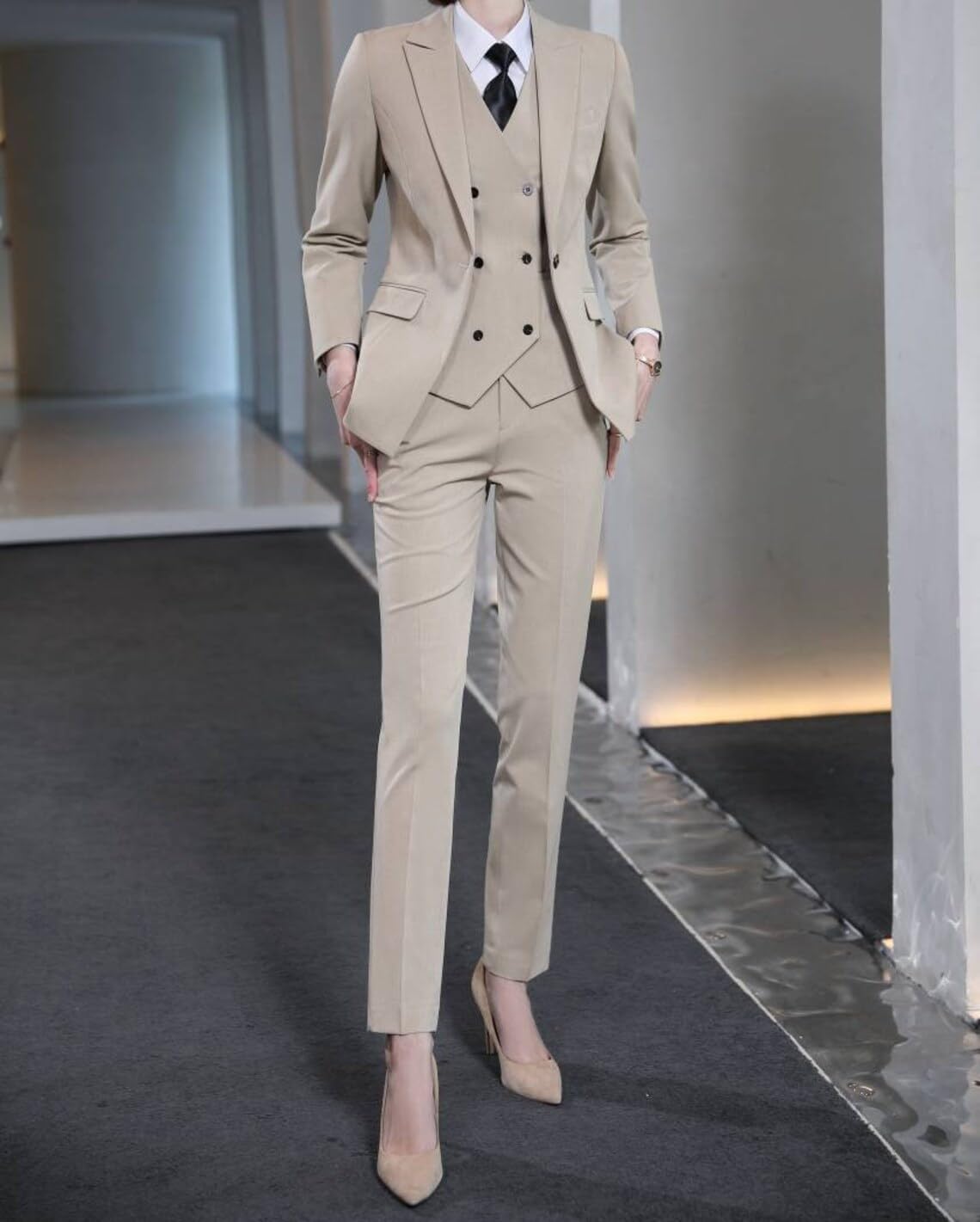Kromoc Femme Costume de Bureau Trois pièces pour Femme Veste à Revers de Pointe Gilet Pantalon Tuxedos Dîner de Gala Mariage