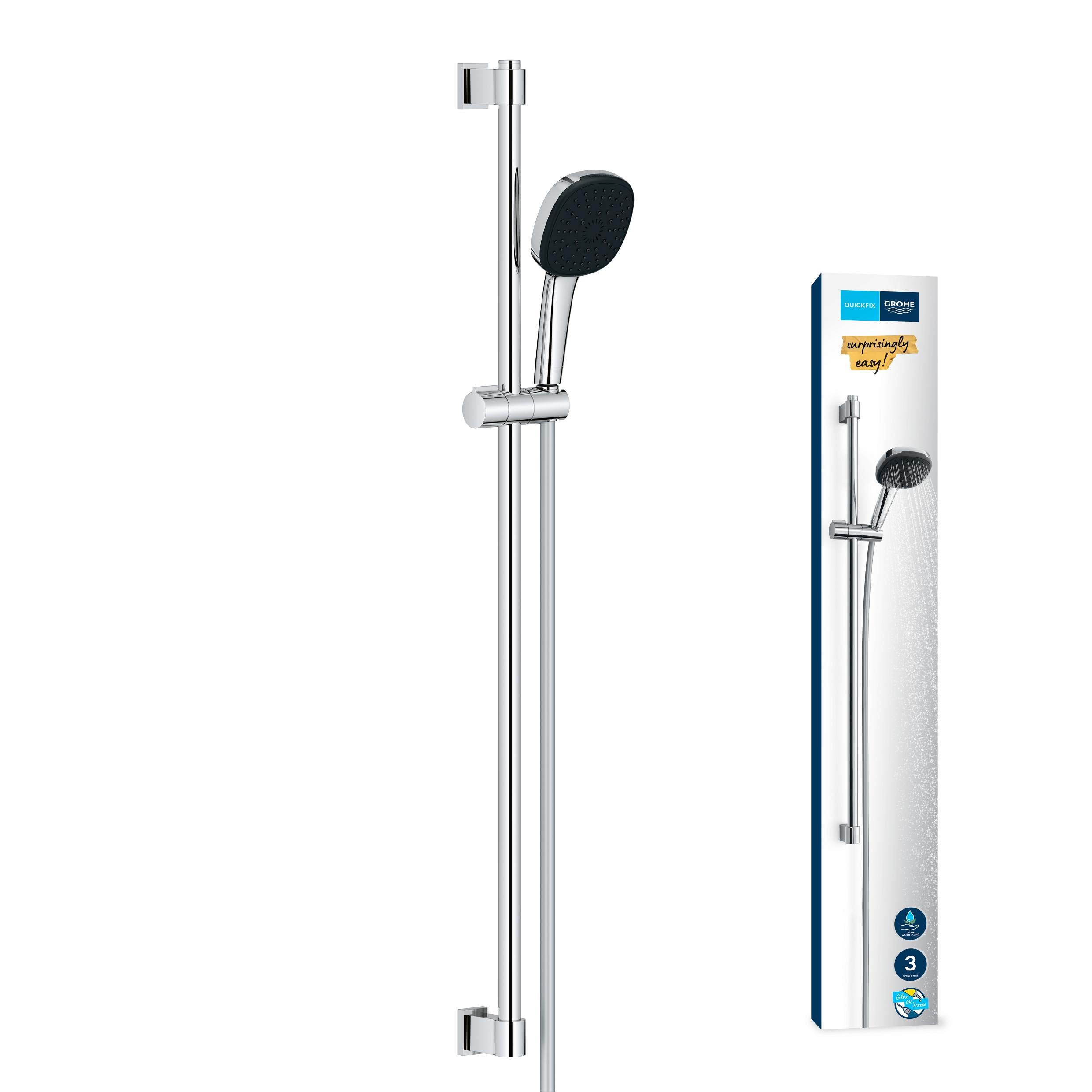 GROHE Vitalio 110, Duschset wassersparend, 8l pro Min (Duschstangenset mit: Duschkopf 3 Strahlarten, 1,75m Schlauch, Duschstange 90cm, zum Kleben oder Bohren, ohne Kleber), eckig, chrom, 26932001
