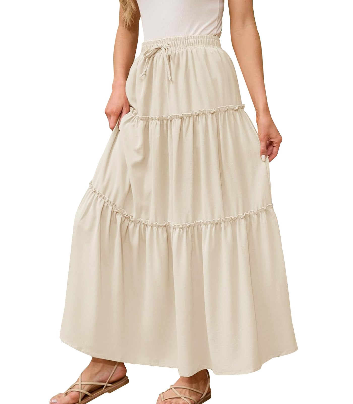 Genfien Jupe Femme Longue Maxi Plissée en Ligne A Bohême Tour de Taille Elastique Jupe avec Poches