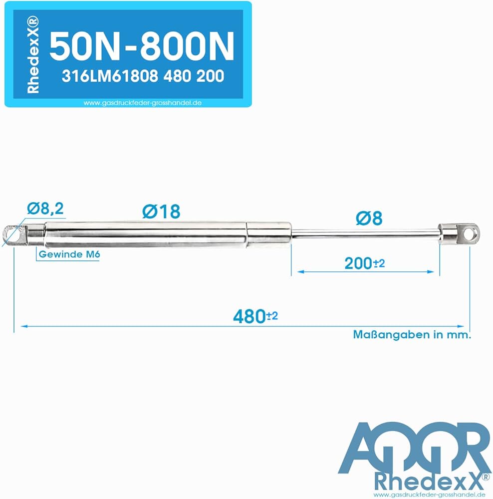 RhedexX® Vérin à gaz rotule avec rotule 470 / 190 / 50N-800N