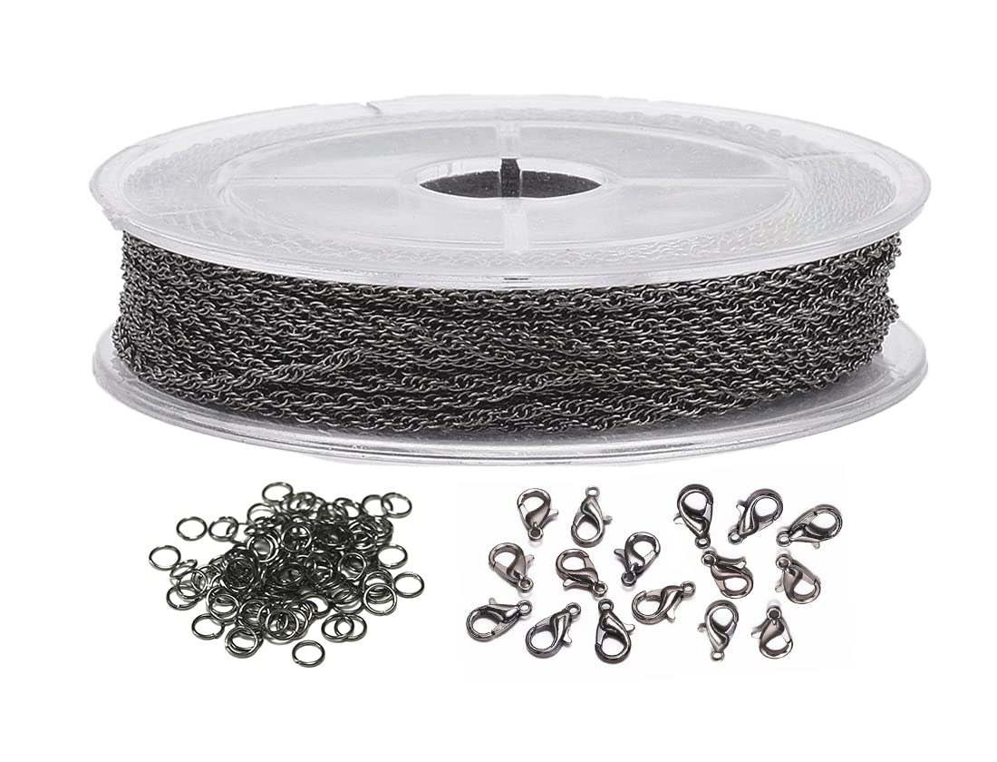 MAHAVIMOKSA 1 Roll 40Ft 2x1.4mm Cable Link Twist-lint Chain with Lobster Clasps Jump Rings for Necklace Earrings Bracelets Jewelry Making Art Craft (Gun Metal)