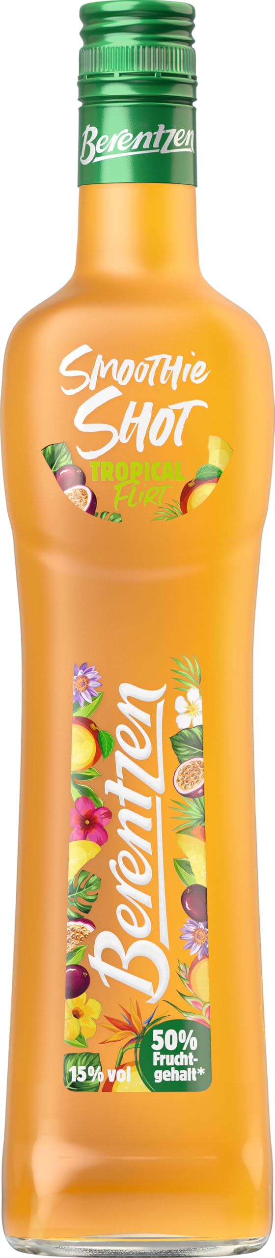 Berentzen | Smoothie Shot Tropical Flirt | 50% Fruchtgehalt* | Samtige Konsistenz | Mit dem Geschmack von Passionsfrucht und Mango | Perfekt als Shot, auf Eis oder als Aperitiv | 0,5L | 15% Vol.