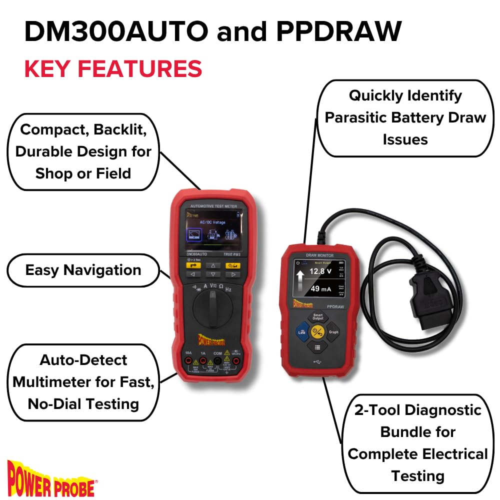 Power Probe DM300AUTO y PPDRAW Kit Diagnóstico Eléctrico, Multímetro True RMS con Monitor OBDII de Consumo Parasitario, Tests Batería y Carga 12V 24V