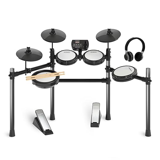 MOSEN Electric Drum Set with 4 Quiet Mesh Drum Pads, Cymbals, Sticks, Headphones, USB MIDI, Kick Pedal, 195+ Sounds and 25 Drum Kits for Beginner MED-X3