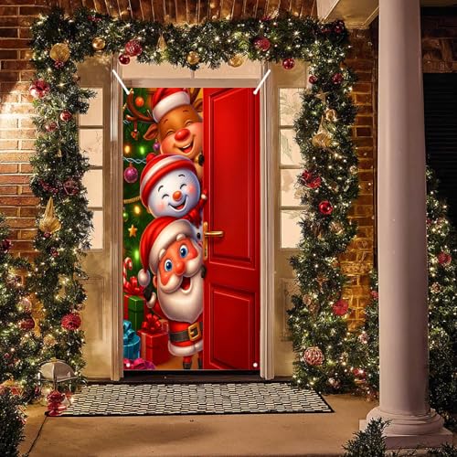 Image of BlissYard Christmas Door Cover Santa Snowman 35x71 Inch Polyester