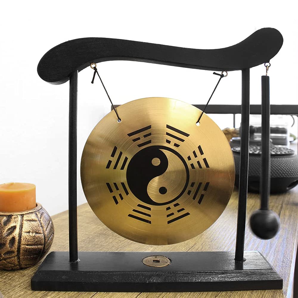lyrlody Gong Cinese da Tavolo, Colpo di Gong da Tavolo con Base in Legno, Decorazione Zen in Legno e Rame, per il Soggiorno 'ufficio Domestico (Diagramma Bagua)