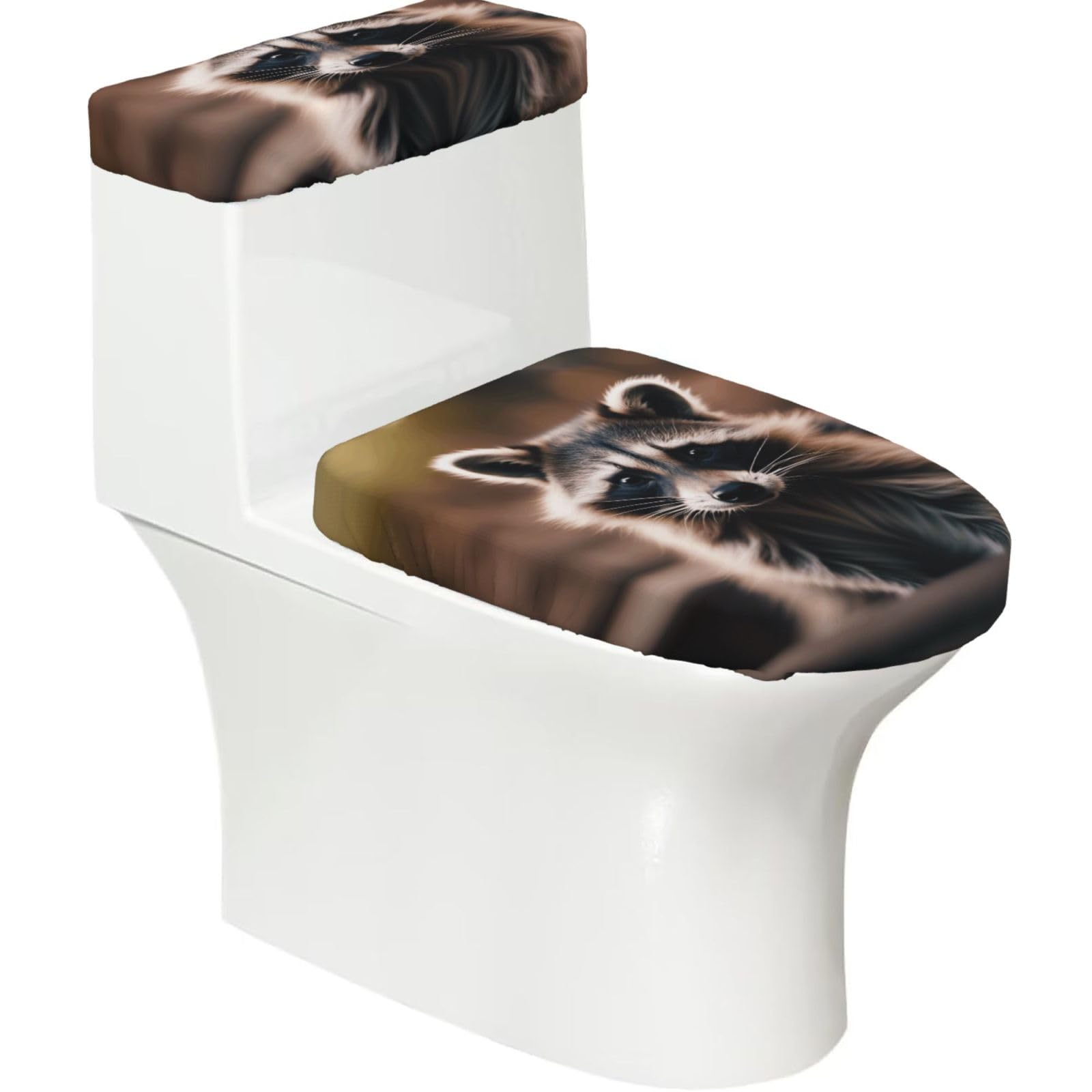 Cute Raccoon (1) Printed Toilet Tank and Lid Cover Set of 2 for Most Bathrooms, Fits Elongated Round Toilets