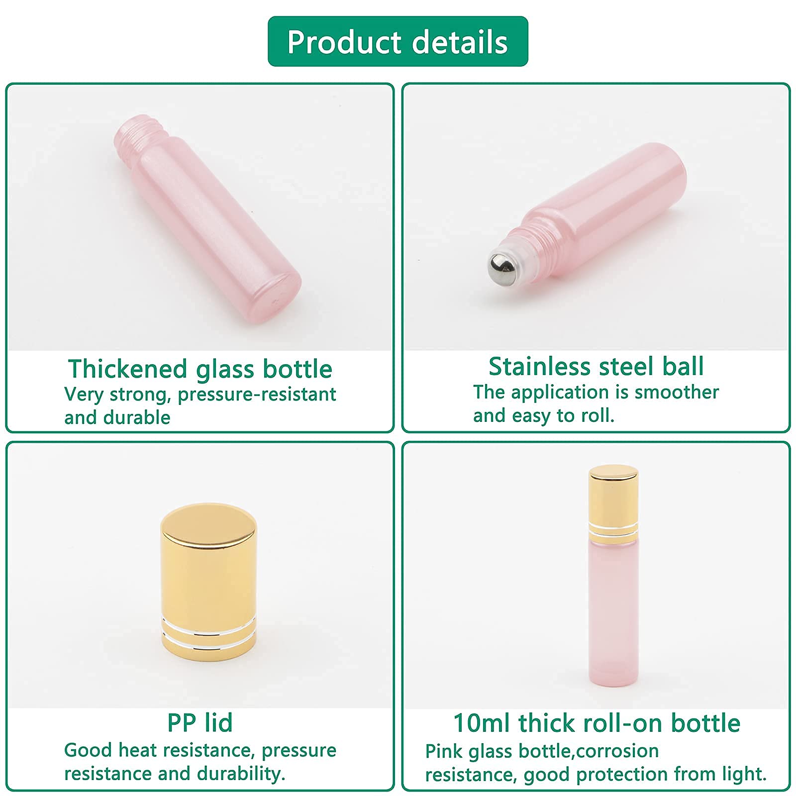 Bottiglie roll-on per oli essenziali, 10 ml, vuote, ricaricabili, in vetro, con tappo dorato, per profumi, aromaterapia, colore: Rosa Perlato