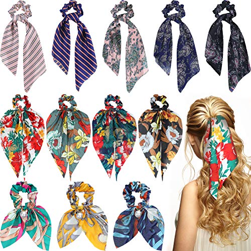 12 Pieces Hair Scrunchies Bow Ponytail Holder Silk Elastic Hair Bands Floral Hair Scarfs Bohemian Chiffon Floral Ponytail Holder Stripe Scarf Hair Ties for Women Girls