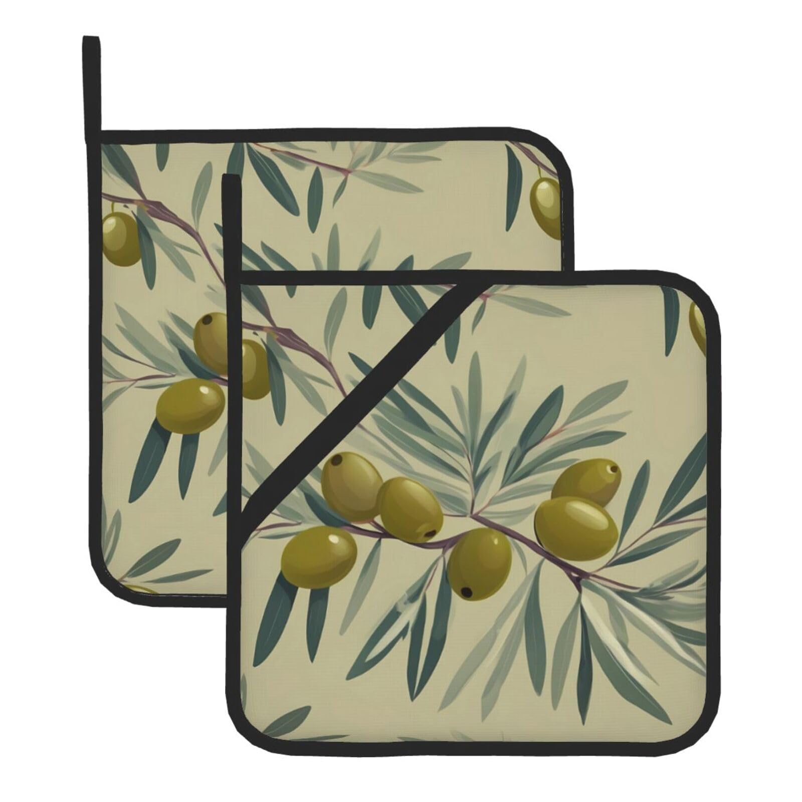 HJFCZH Olive Branch Printed Square Insulated Pot Mat Set (2-Piece) 8x8in Waterproof, Thickened & Easy to Clean with Lanyard Design for Kitchen, Oven & BBQ