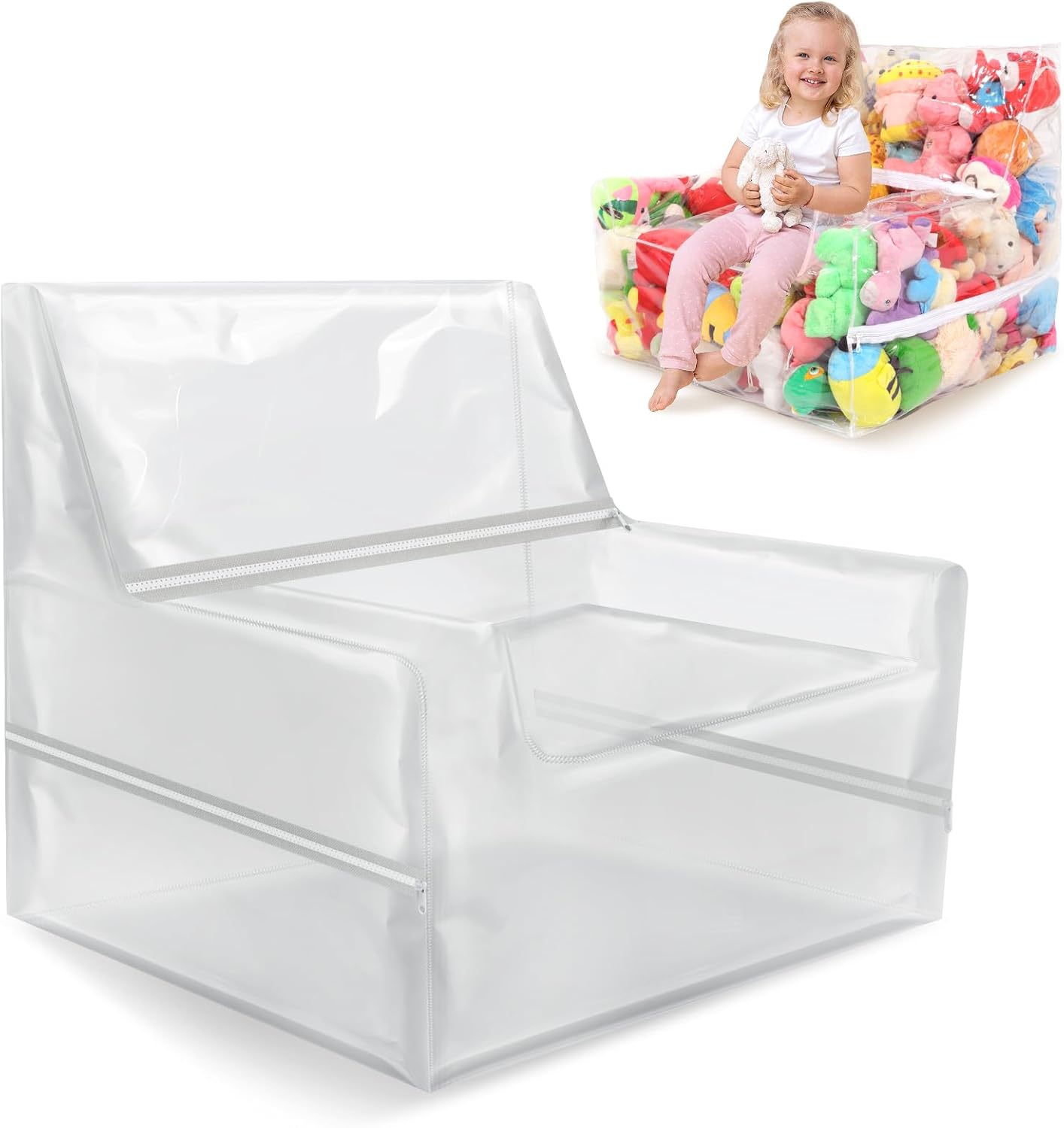 25-inch Clear Bean Bag Chair Cover (No Filler) for Stuffed Animal Storage, 3 Hidden Zippers Toy Organizer, Transparent Material, Plush Storage Toys DIY Large