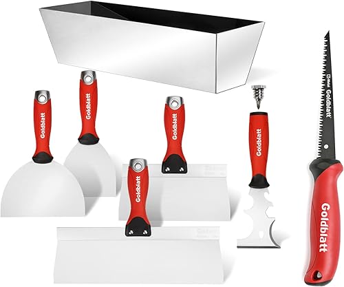 Goldblatt Kit de herramientas manuales para paneles de yeso, cuchillo de unión de acero inoxidable, cuchillos de cinta, raspador Paniter, bandeja de