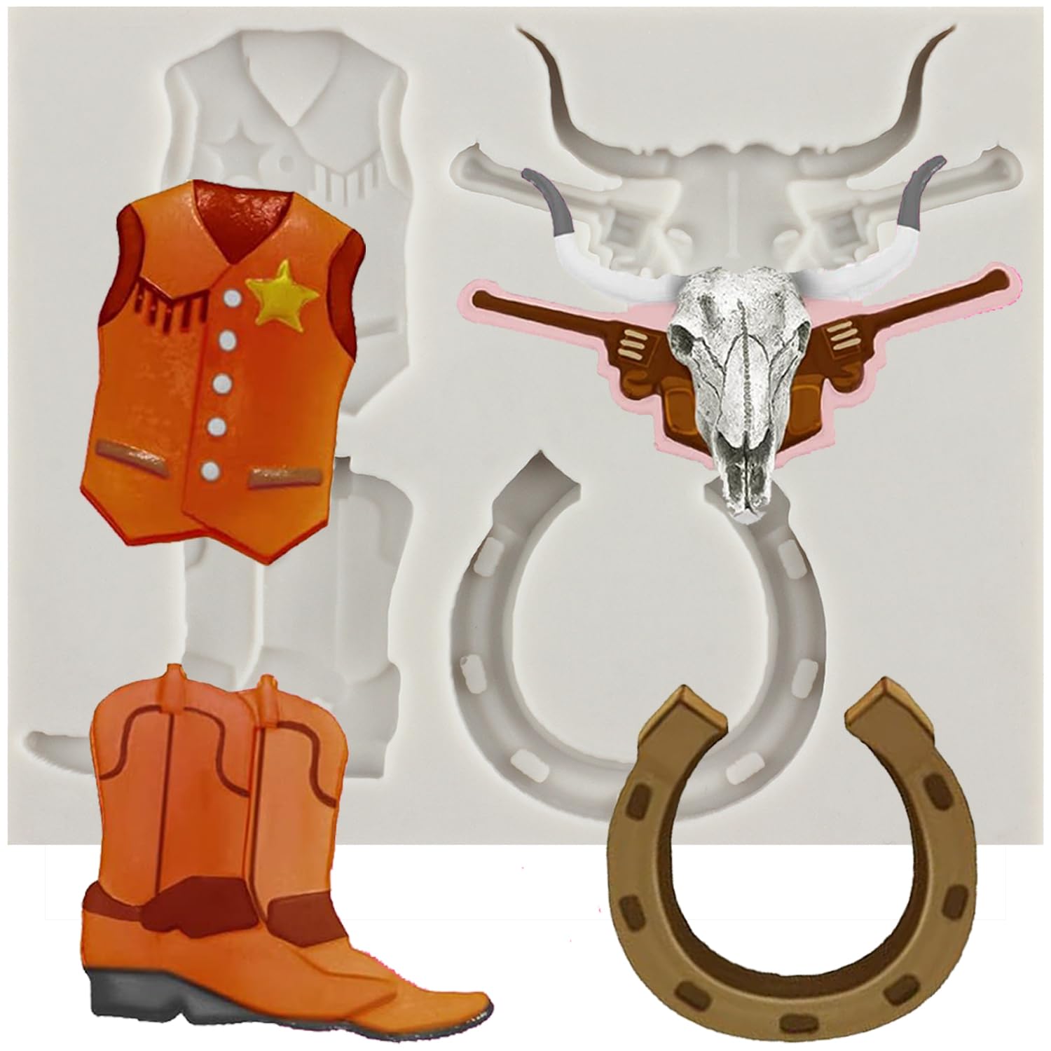 Sijiangmold Horseshoe Hoof Fondant Mould Cowboy Boot Silicone Moulds Bull Head Cowboy Vest Candy Mould for Cake Decoration Chocolate Cupcake Topper Polymer Clay Gum Paste