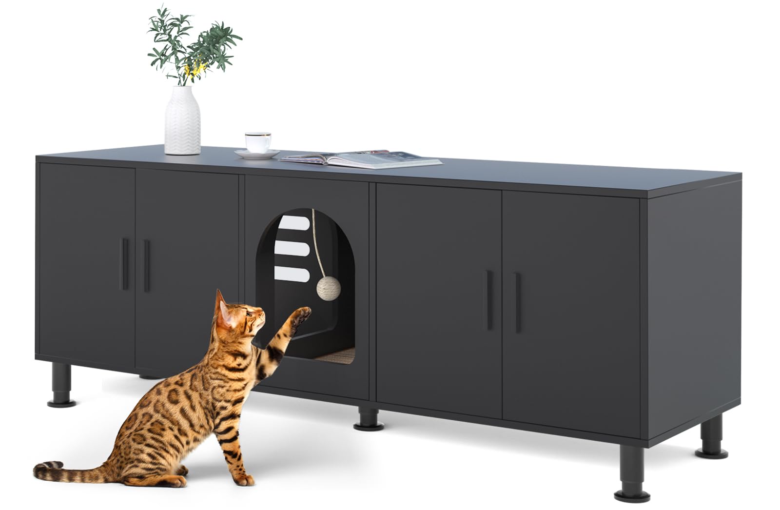 Amunrbrek Double Litter Box Enclosure with Cat Scratch Mat & Motion Sensor Light, Wooden Litter Box TV Stand for 2 Litter Boxes & 2 Cats (Black)