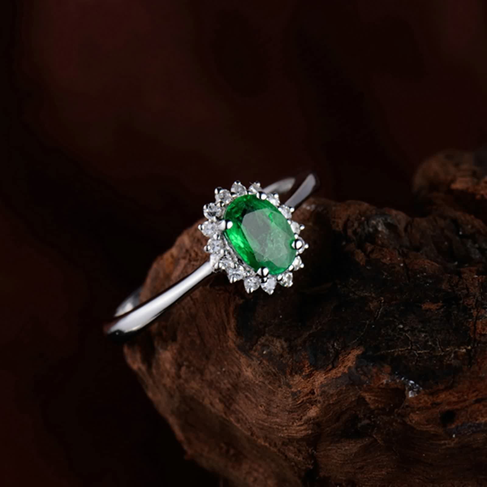 Anillos de Boda Mujer, Alianza Boda Flor de Esmeralda Creada En Laboratorio Ovalado para Esposa Novia Ajuste Cómodo