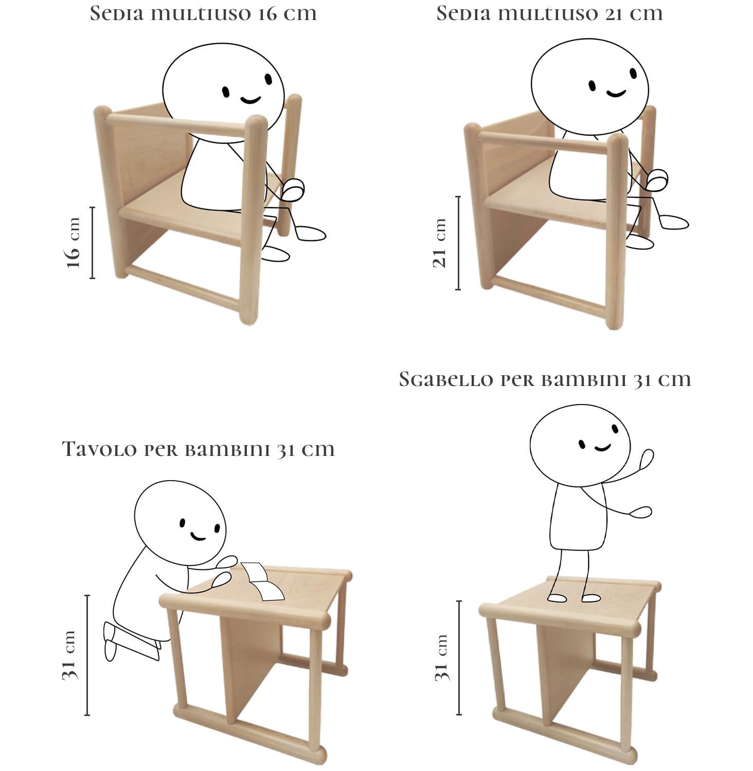 Sedia pluriuso Montessori in legno di faggio, per bambini da 1 a 3 anni - 3 in 1: sedia, tavolino o sgabello, made in Italy + Valigetta sensoriale in OMAGGIO!