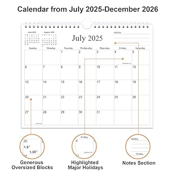 Calendrier Mural 2025-2026 (Juillet 2025 à Décembre 2026) - Grands Blocs à Écrire - Organisation Maison/Bureau