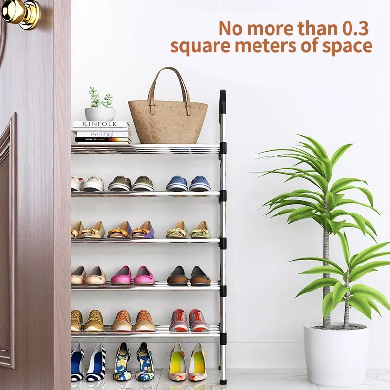 Image of 5 -Tier Shoe Rack for Closet, Entryway, or Bedroom - Large Capacity Tall Shoe Organizer Storage Shelf Holds 30 + Pairs Space Saving Freestanding Metal Shoe Stand with Steel Pipes & Plastic Connectors,