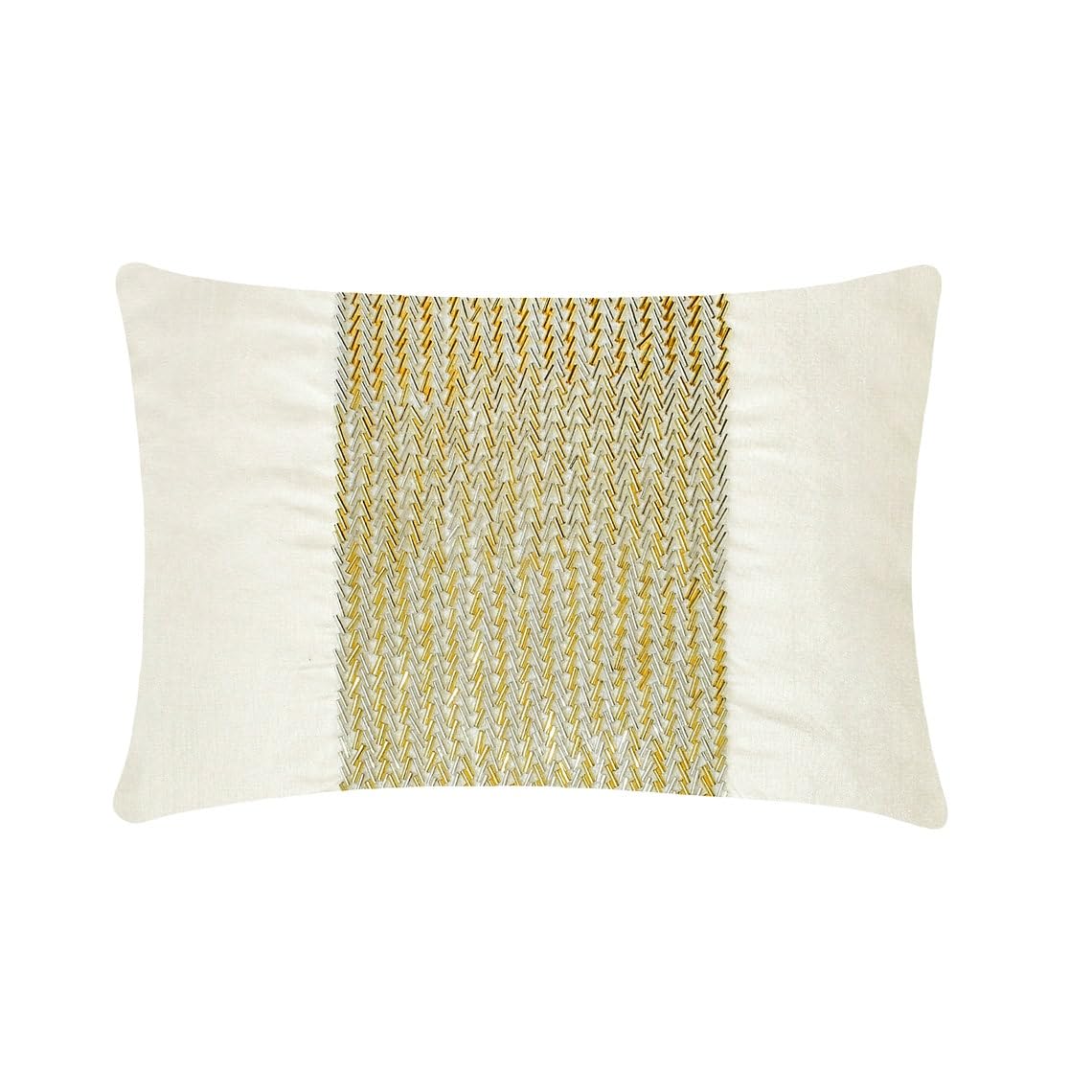 The HomeCentric Pack of 2 Luxury Lumbar Cushion Covers White & Gold 30x40 cm (12"x16") Art Silk Beaded Hand Embroidery Cushion Covers For Sofa, Couch, Bed And Patio, Chevron Modern - Dazzling Chevron โ image 1
