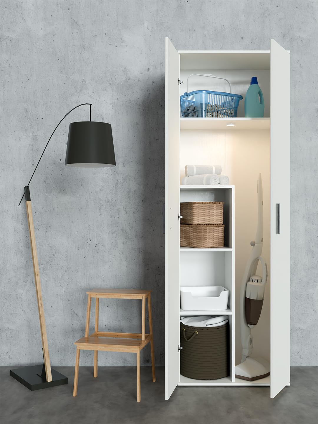 Happy Babies Utility-Schrank 60 cm | Weiß | Vorratsschrank für Staubsauger, Mopps & Reinigungsmittel | 176 cm hoch – Laminierte 16 mm Platte, Mattes ABS-Finish (Weiß)