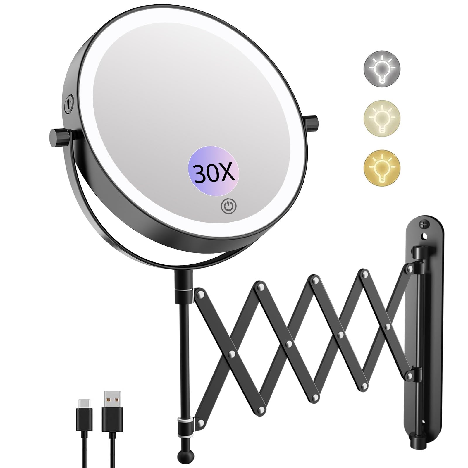 FUNTOUCH Espejo de Maquillaje Recargable con Aumento 1X/10X, iluminación en 3 Colores, Brazo extendido, Espejo de Pared Giratorio 360° para baño y Hotel (Negro) | 3 colores de iluminación, brazo extendido, espejo de maquillaje giratorio 360°, espejo de pa