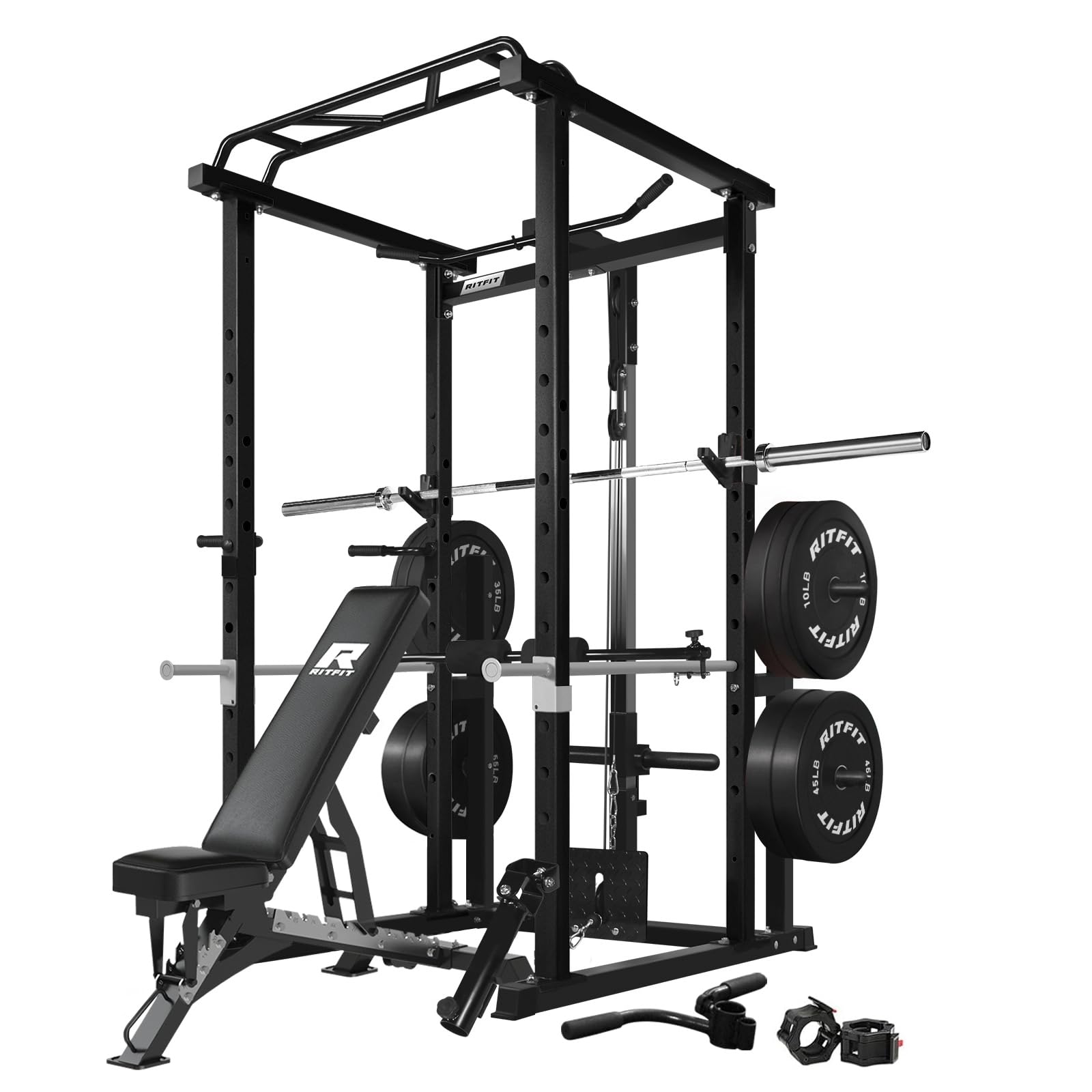 RitFit Squat Rack Power Cage Home Gym Package, Includes 1000LBS Power Rack with LAT Pull Down, Weight Bench, Rubber/Bumper Plates Set with Olympic Barbell (Package 1.9K (Bumper Plate 340LBS))-Black