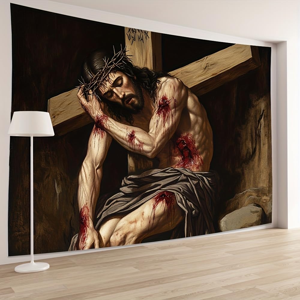 230x150CM Arazzo raffigurante la scena della croce di Gesù, da appendere alla parete in poliestere, per camera da letto, ufficio, dormitorio, decorazioni per feste, con pacchetto di installazione.