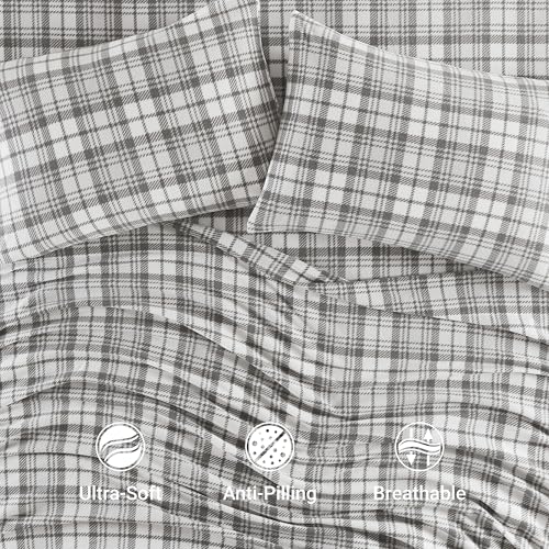 Image of True North by Sleep Philosophy Micro Fleece Bed Sheet Set, Warm, Sheets with 14 inch Deep Pocket, for Cold Season Cozy Sheet-Set, Matching Pillow Case, Twin, Grey Plaid, 3 Piece