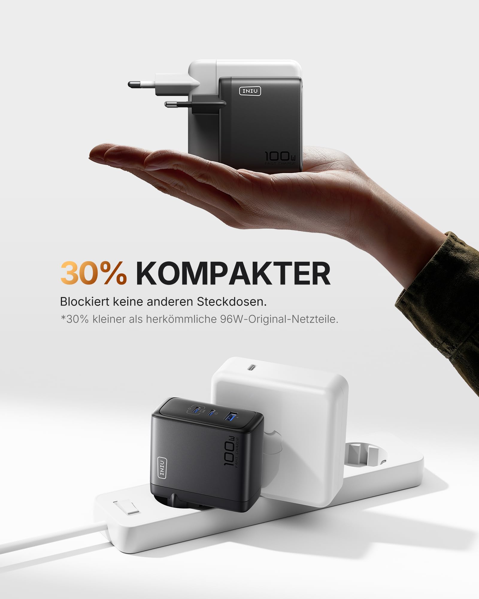 INIU USB C Ladegerät, 100W 3-Port Laptop Schnellladegerät mit USB C Kabel, GaN Mehrfach Netzteil für MacBook Air Pro, iPad, iPhone 17 16 15 Pro Max, Samsung Galaxy S25 S24 Ultra, Pixel, Switch 2 etc
