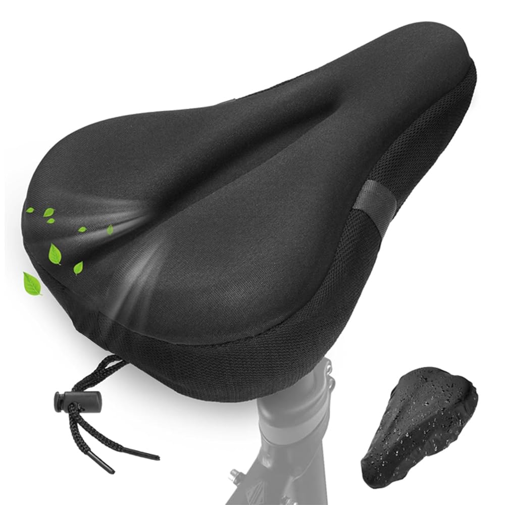 AMERTEER Soft Bike Seat Cover, Large Size Wide Gel Soft Pad Exercise Bike Seat Cushion, Foam Bicycle Seat Cushion with Reflective Strips, Fits Cruiser, Stationary Bikes, Outdoor Indoor Cycling