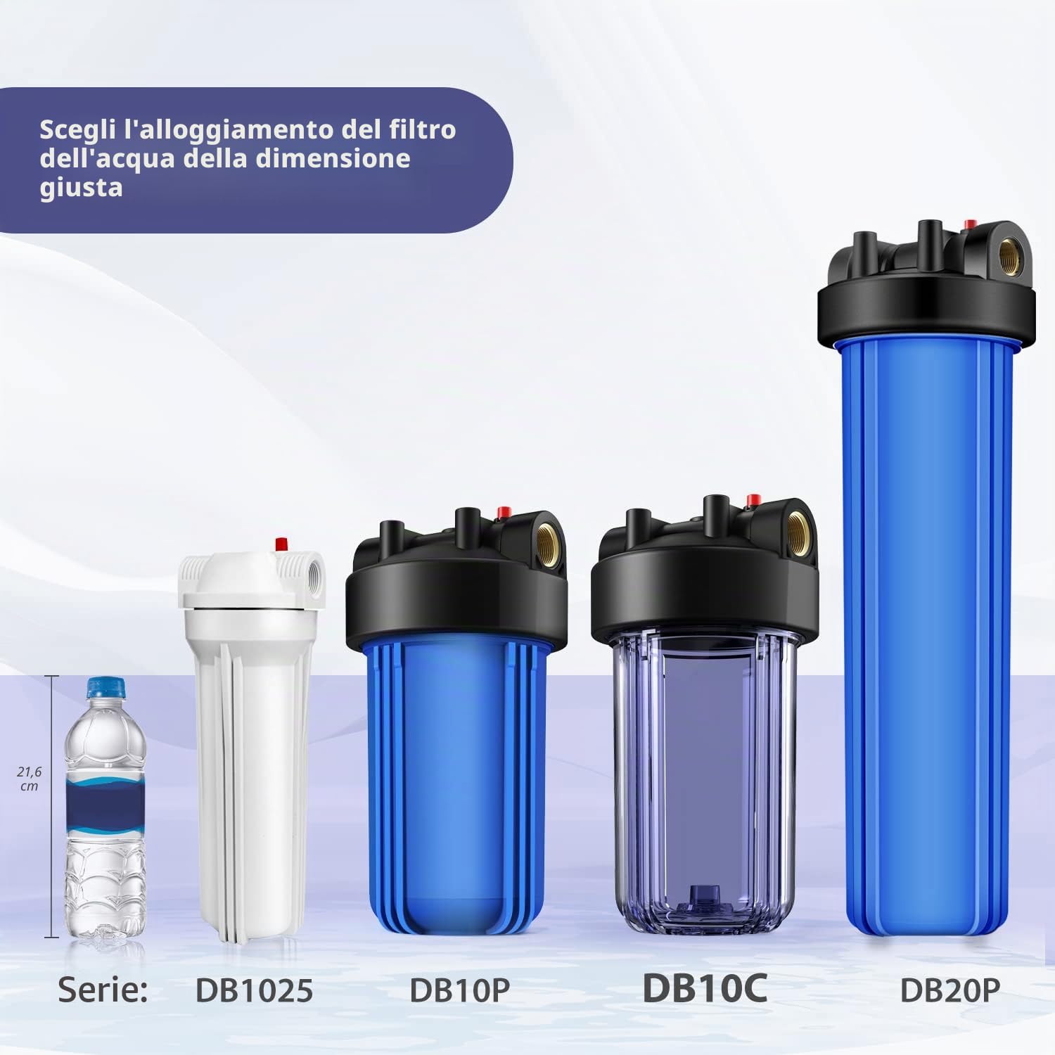 SimPure DB10C Filtro per l'acqua 10"x4,5", Sistema di Filtraggio dell'Acqua per Tutta la Casa con Supporto e Chiave, Porta di Ingresso/Uscita in Ottone da 1" BSP