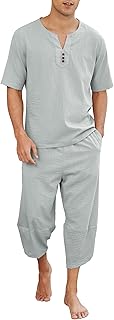 Sponsored Ad - COOFANDY Men's 2 Pieces Linen Set Henley Shirt Short Sleeve and Harem Capri Pants Wide Leg Baggy Beach Yoga...